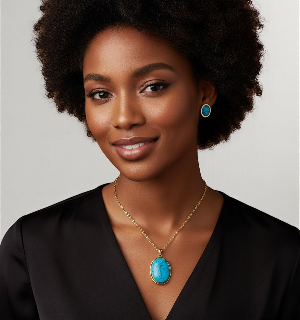 Oval Turquoise Pendant Necklace & Earring Set – Gold/Silver Stainless Steel Jewellery - Fatisha Boutique #