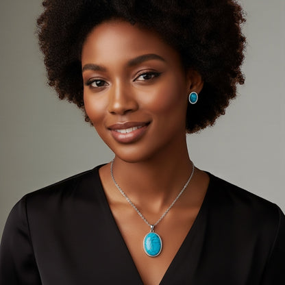 Oval Turquoise Pendant Necklace & Earring Set – Gold/Silver Stainless Steel Jewellery - Fatisha Boutique #
