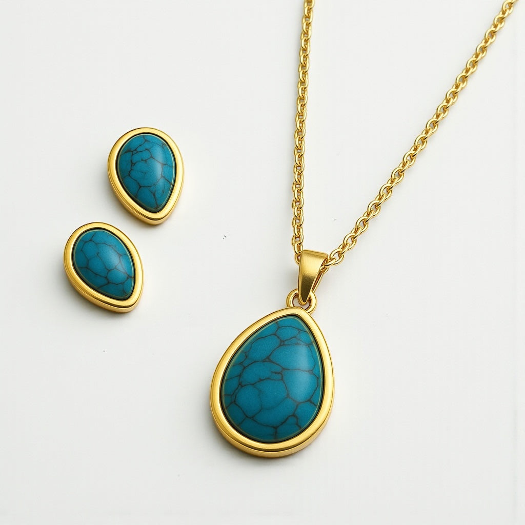 Teardrop Turquoise Pendant Necklace & Earrings Set – Stainless Steel Jewelry – Gold or Silver Plated - Fatisha Boutique #