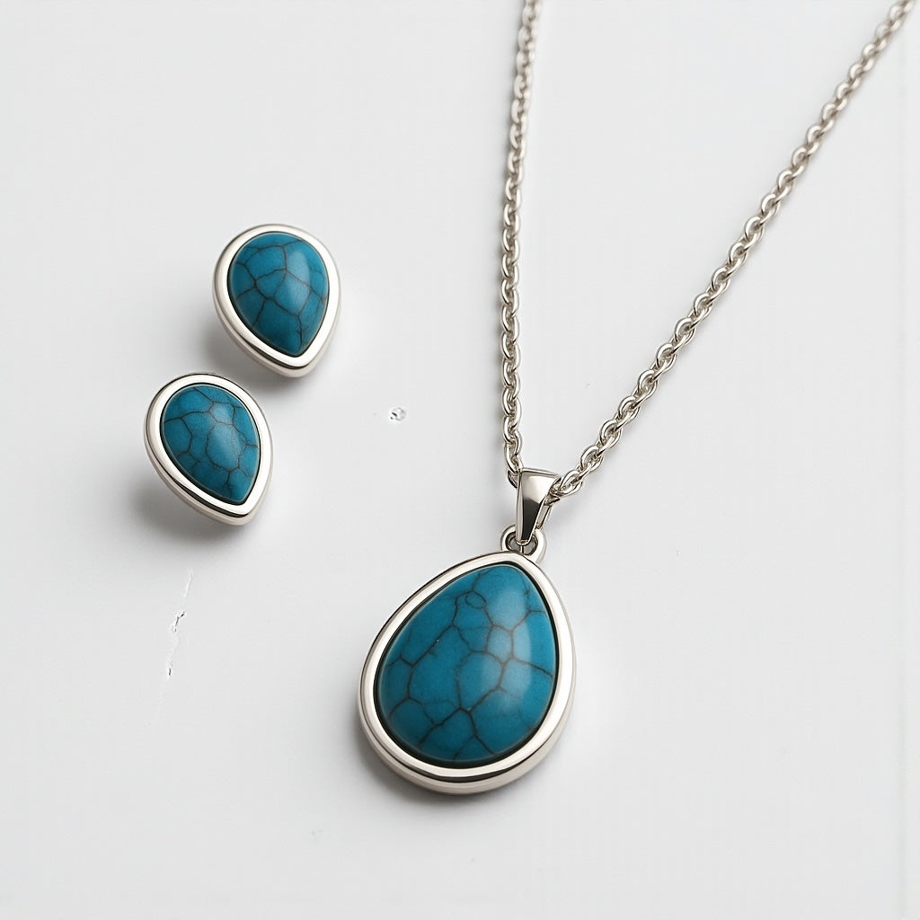 Teardrop Turquoise Pendant Necklace & Earrings Set – Stainless Steel Jewelry – Gold or Silver Plated - Fatisha Boutique #