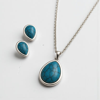 Teardrop Turquoise Pendant Necklace & Earrings Set – Stainless Steel Jewelry – Gold or Silver Plated - Fatisha Boutique #