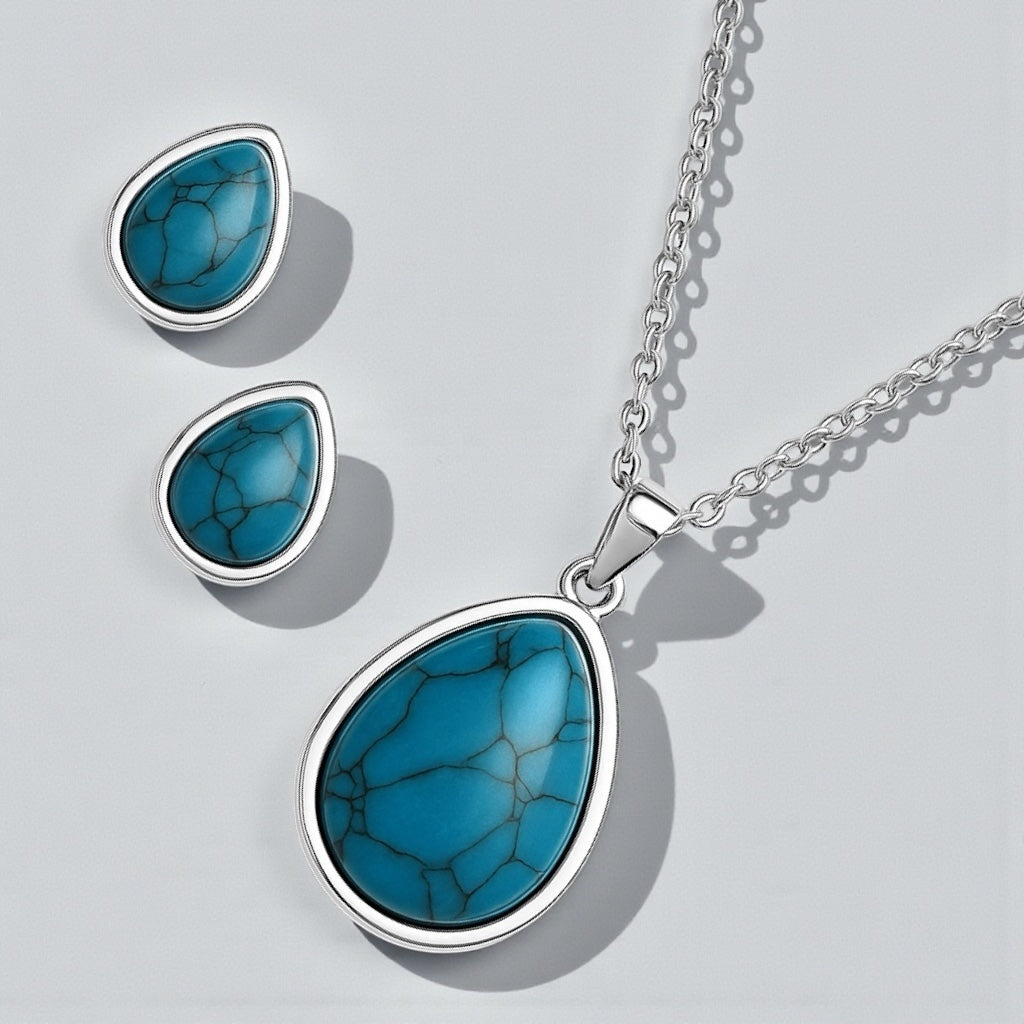 Teardrop Turquoise Pendant Necklace & Earrings Set – Stainless Steel Jewelry – Gold or Silver Plated - Fatisha Boutique #