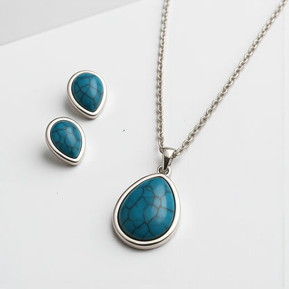 Teardrop Turquoise Pendant Necklace & Earrings Set – Stainless Steel Jewelry – Gold or Silver Plated - Fatisha Boutique #