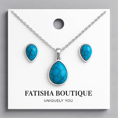 Teardrop Turquoise Pendant Necklace & Earrings Set – Stainless Steel Jewelry – Gold or Silver Plated - Fatisha Boutique #