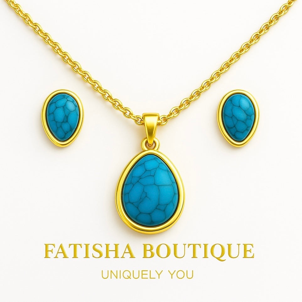 Teardrop Turquoise Pendant Necklace & Earrings Set – Stainless Steel Jewelry – Gold or Silver Plated - Fatisha Boutique #