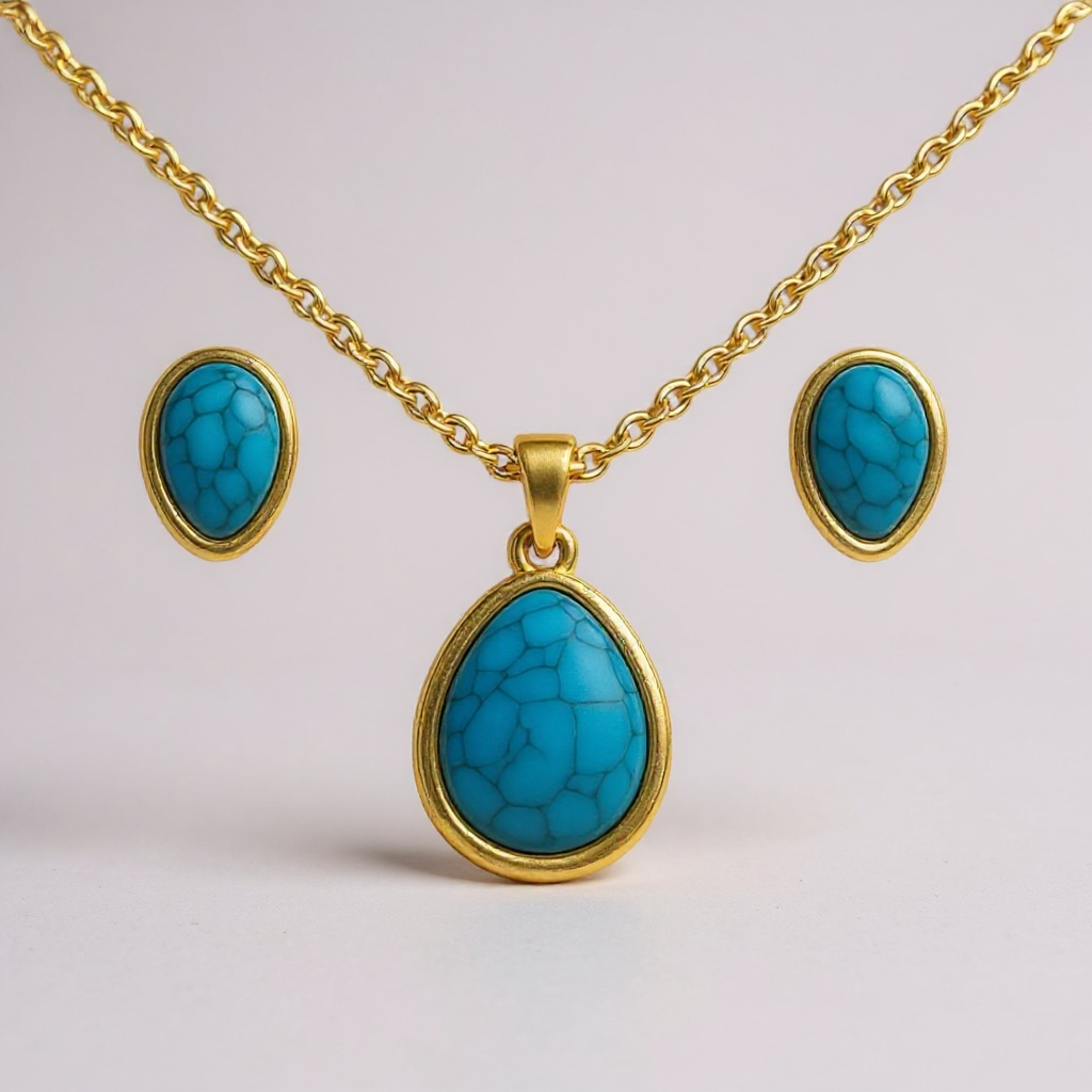 Teardrop Turquoise Pendant Necklace & Earrings Set – Stainless Steel Jewelry – Gold or Silver Plated - Fatisha Boutique #