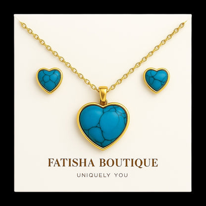 Turquoise Heart Jewellery Set – Gold & Silver Stainless Steel Necklace & Earrings - Fatisha Boutique #