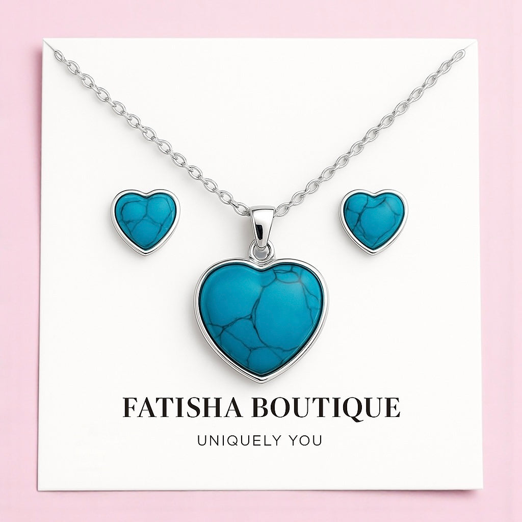 Turquoise Heart Jewellery Set – Gold & Silver Stainless Steel Necklace & Earrings - Fatisha Boutique #