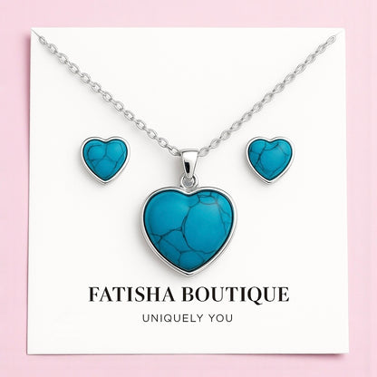 Turquoise Heart Jewellery Set – Gold & Silver Stainless Steel Necklace & Earrings - Fatisha Boutique #