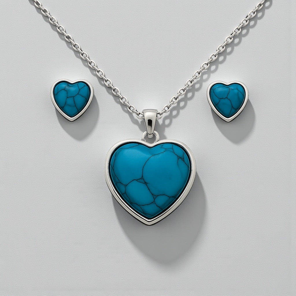 Turquoise Heart Jewellery Set – Gold & Silver Stainless Steel Necklace & Earrings - Fatisha Boutique #