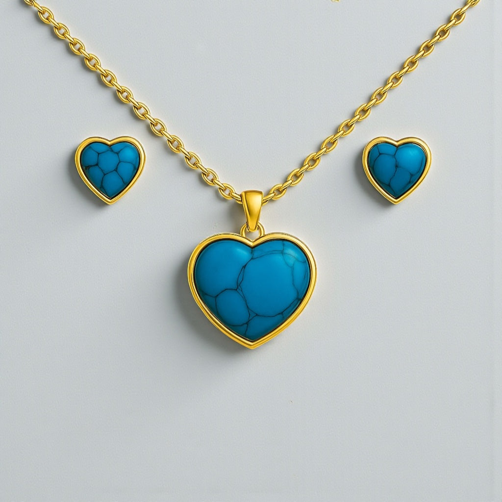 Turquoise Heart Jewellery Set – Gold & Silver Stainless Steel Necklace & Earrings - Fatisha Boutique #