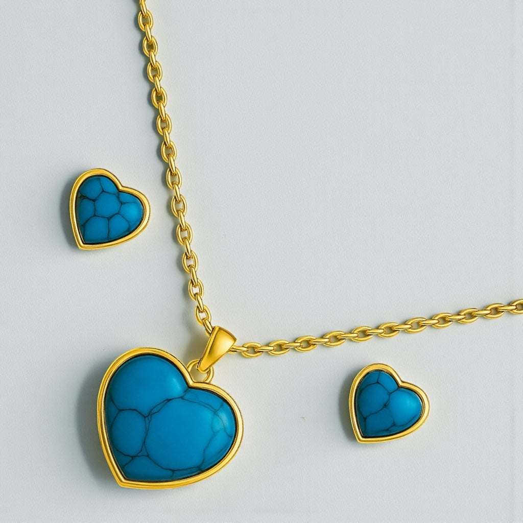 Turquoise Heart Jewellery Set – Gold & Silver Stainless Steel Necklace & Earrings - Fatisha Boutique #