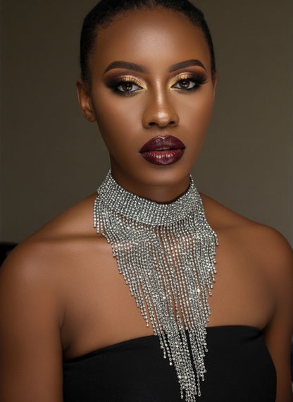 Elegant Rhinestone Tassel Choker Necklace – Long Crystal Statement Jewellery in Black, Gold & Silver - Fatisha Boutique #