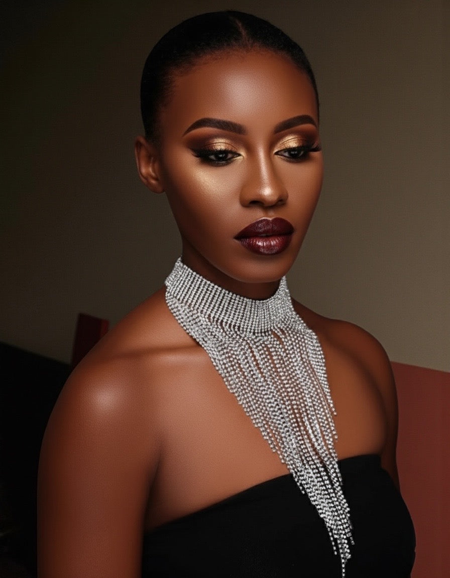 Elegant Rhinestone Tassel Choker Necklace – Long Crystal Statement Jewellery in Black, Gold & Silver - Fatisha Boutique #