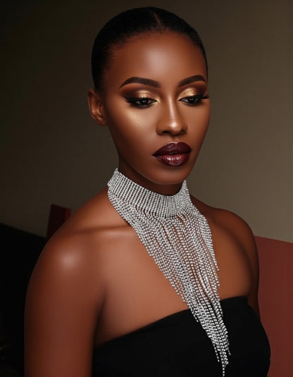 Elegant Rhinestone Tassel Choker Necklace – Long Crystal Statement Jewellery in Black, Gold & Silver - Fatisha Boutique #