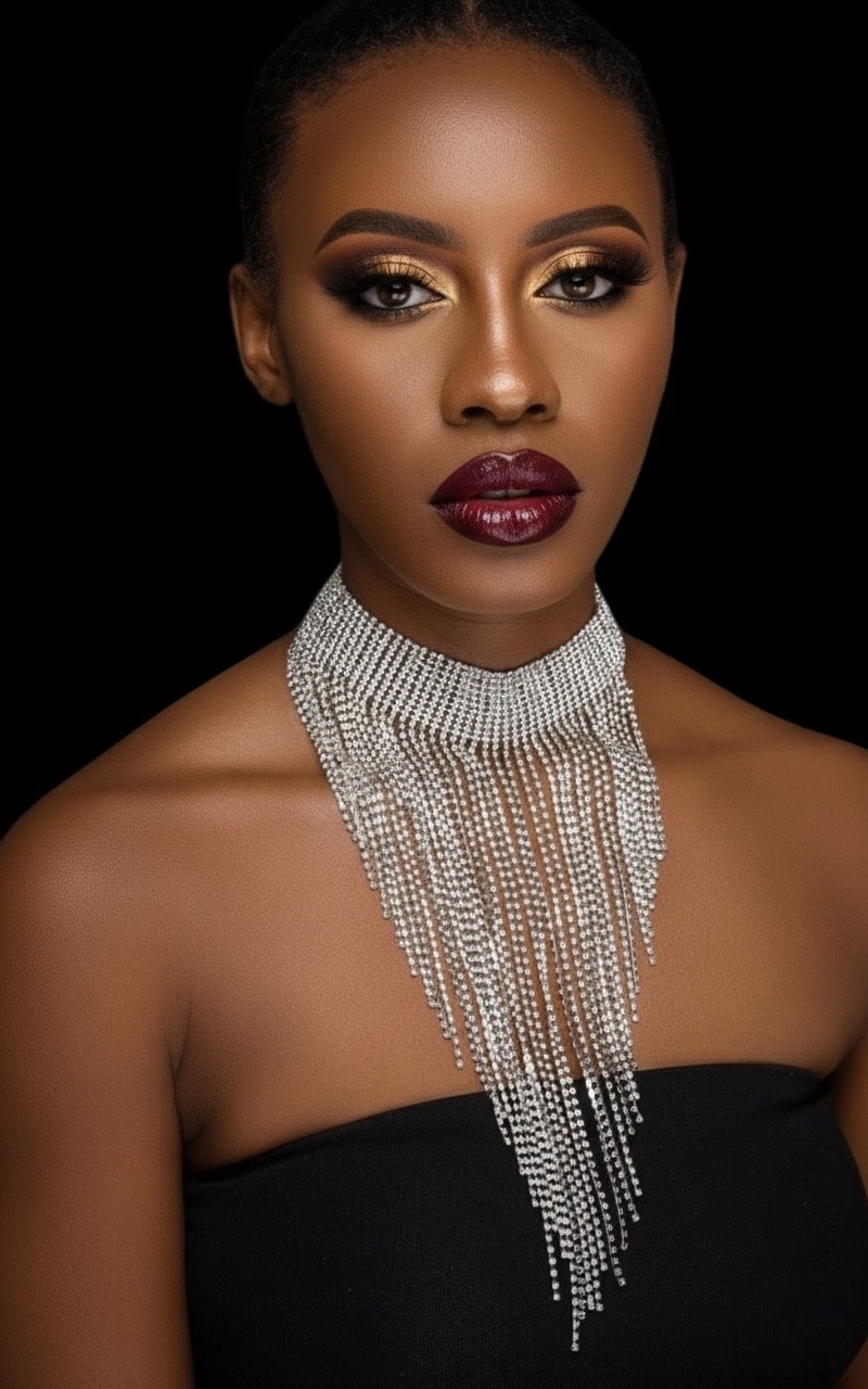 Elegant Rhinestone Tassel Choker Necklace – Long Crystal Statement Jewellery in Black, Gold & Silver - Fatisha Boutique #