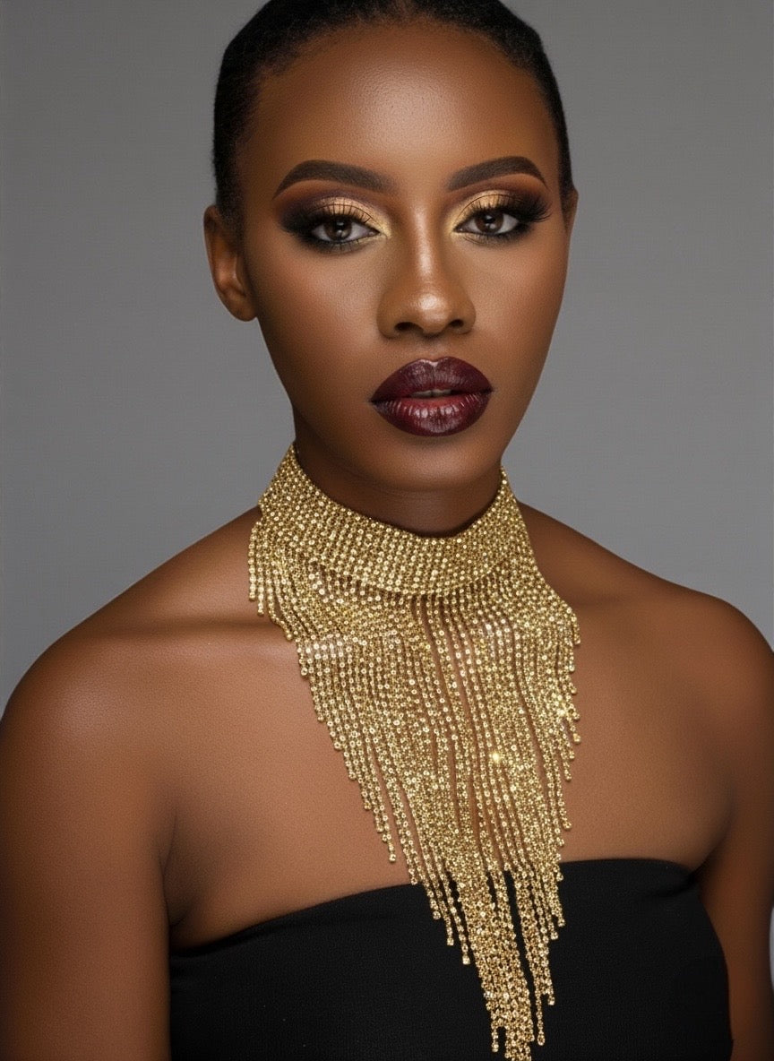 Elegant Rhinestone Tassel Choker Necklace – Long Crystal Statement Jewellery in Black, Gold & Silver - Fatisha Boutique #