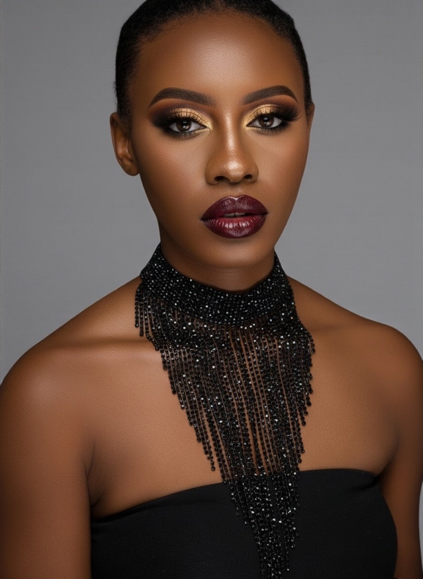 Elegant Rhinestone Tassel Choker Necklace – Long Crystal Statement Jewellery in Black, Gold & Silver - Fatisha Boutique #