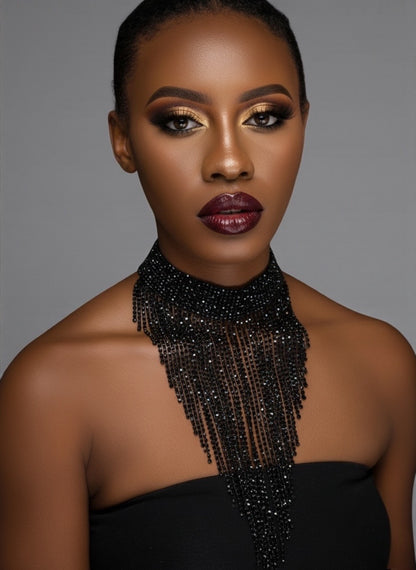 Elegant Rhinestone Tassel Choker Necklace – Long Crystal Statement Jewellery in Black, Gold & Silver - Fatisha Boutique #