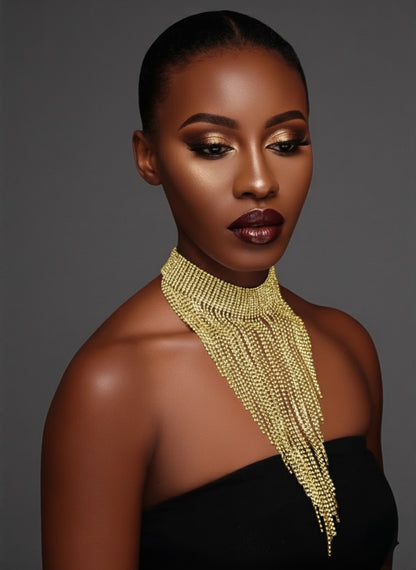 Elegant Rhinestone Tassel Choker Necklace – Long Crystal Statement Jewellery in Black, Gold & Silver - Fatisha Boutique #