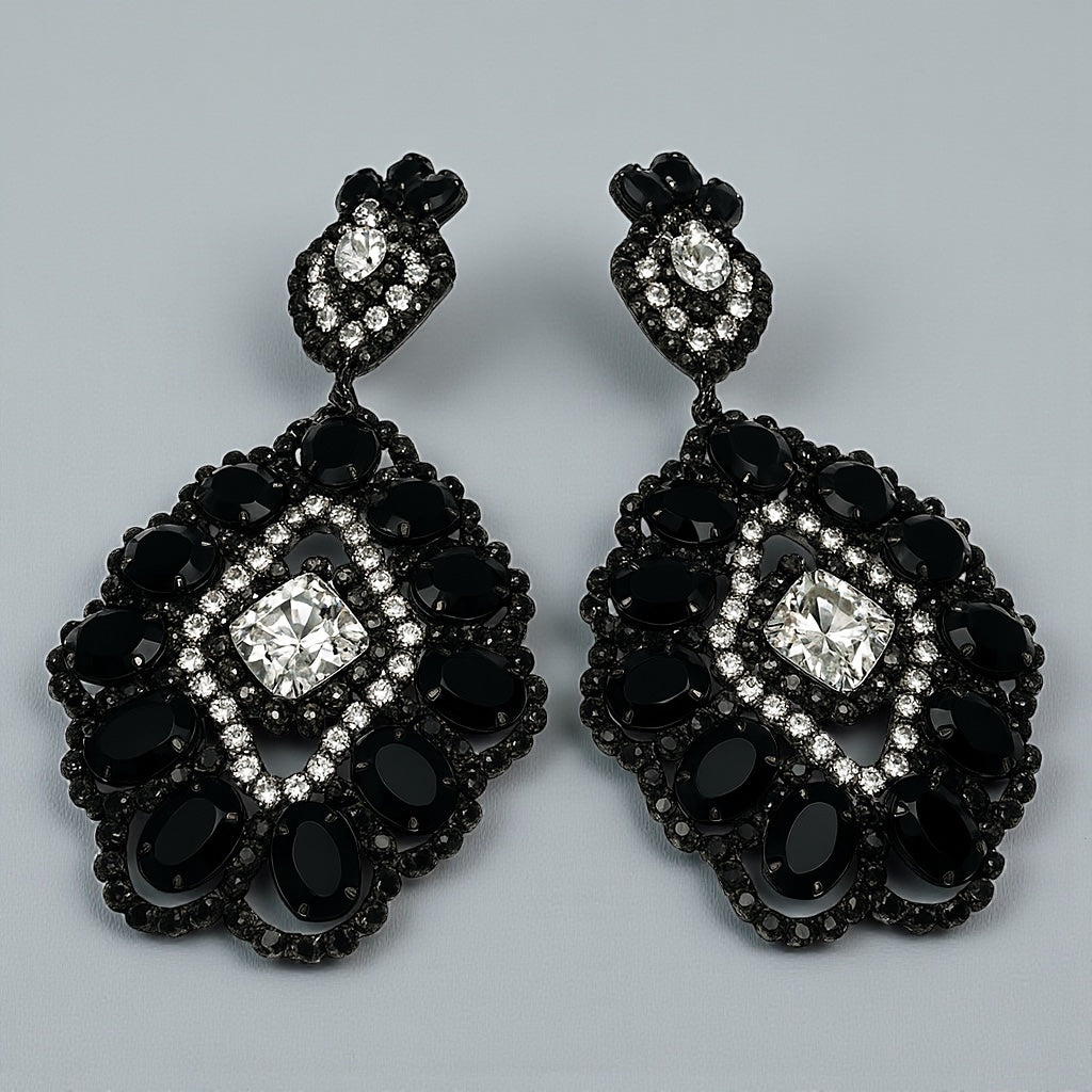 Elegant Black & Silver Rhinestone Statement Dangle Earrings – Bold Glamour Drop Design - Fatisha Boutique #