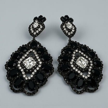 Elegant Black & Silver Rhinestone Statement Dangle Earrings – Bold Glamour Drop Design - Fatisha Boutique #