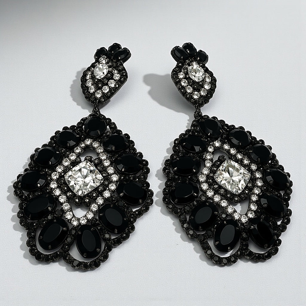 Elegant Black & Silver Rhinestone Statement Dangle Earrings – Bold Glamour Drop Design - Fatisha Boutique #