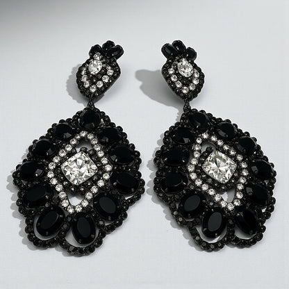 Elegant Black & Silver Rhinestone Statement Dangle Earrings – Bold Glamour Drop Design - Fatisha Boutique #