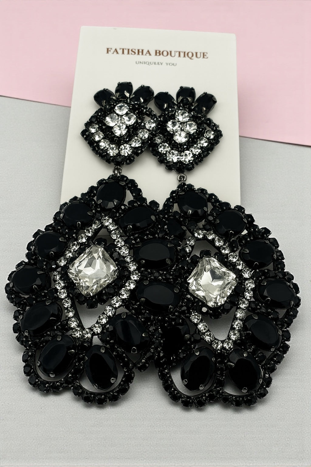 Elegant Black & Silver Rhinestone Statement Dangle Earrings – Bold Glamour Drop Design - Fatisha Boutique #