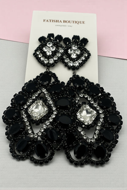 Elegant Black & Silver Rhinestone Statement Dangle Earrings – Bold Glamour Drop Design - Fatisha Boutique #