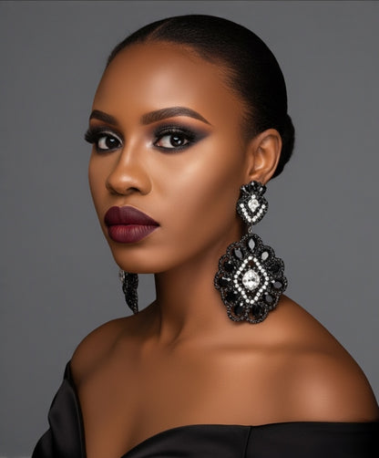 Elegant Black & Silver Rhinestone Statement Dangle Earrings – Bold Glamour Drop Design - Fatisha Boutique #