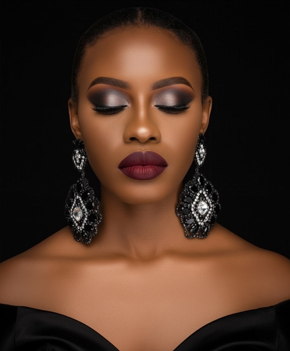 Elegant Black & Silver Rhinestone Statement Dangle Earrings – Bold Glamour Drop Design - Fatisha Boutique #