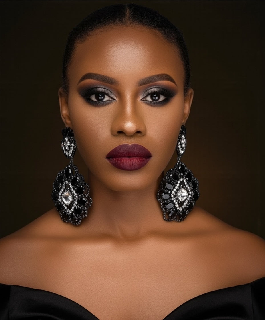 Elegant Black & Silver Rhinestone Statement Dangle Earrings – Bold Glamour Drop Design - Fatisha Boutique #