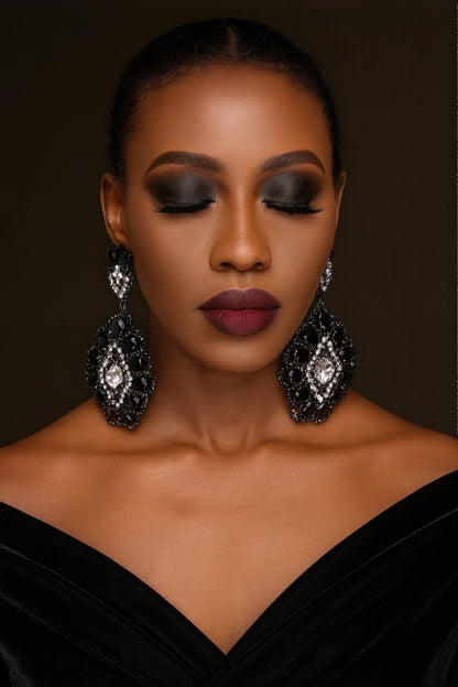 Elegant Black & Silver Rhinestone Statement Dangle Earrings – Bold Glamour Drop Design - Fatisha Boutique #