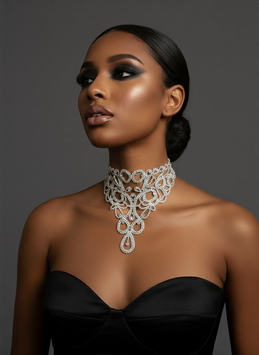 Elegant Sparkling Rhinestone Statement Choker Necklace – Gold & Silver Glamour - Fatisha Boutique #