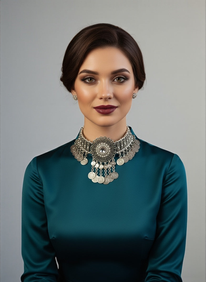 Bohemian Tribal Coins Choker Necklace – Ethnic Rhinestone Statement Jewellery - Fatisha Boutique #