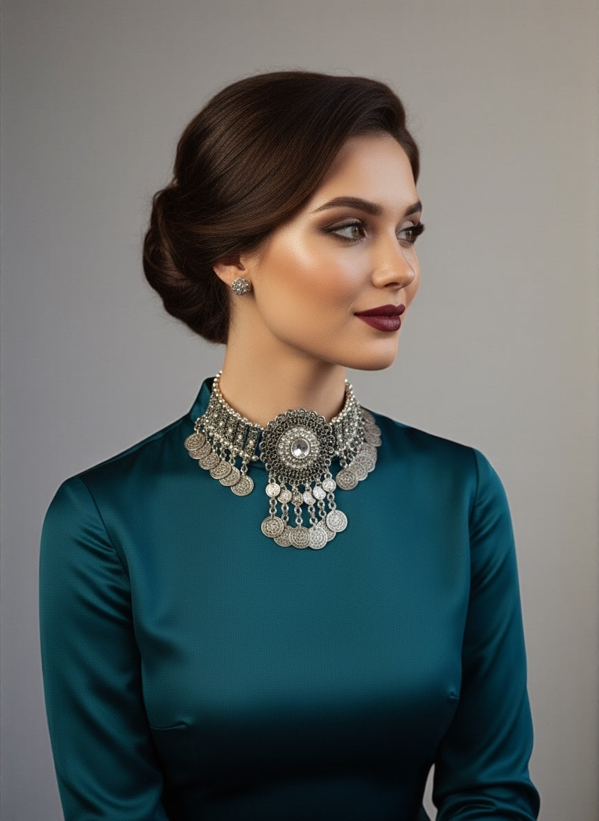 Bohemian Tribal Coins Choker Necklace – Ethnic Rhinestone Statement Jewellery - Fatisha Boutique #