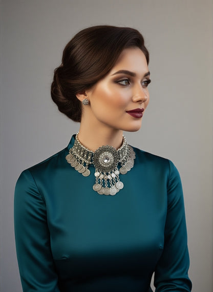 Bohemian Tribal Coins Choker Necklace – Ethnic Rhinestone Statement Jewellery - Fatisha Boutique #