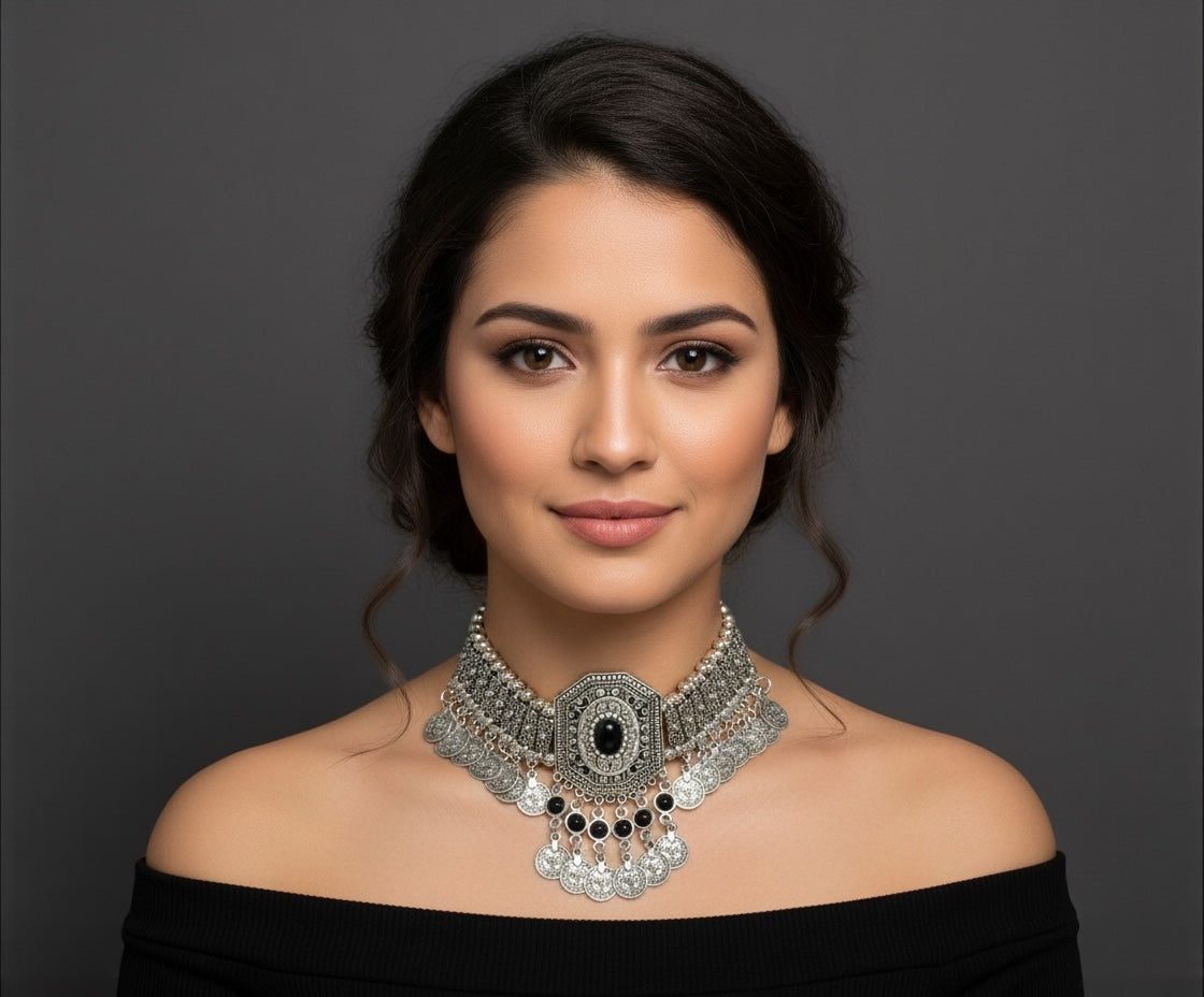 Bohemian Tribal Coins Choker Necklace – Ethnic Rhinestone Statement Jewellery - Fatisha Boutique #