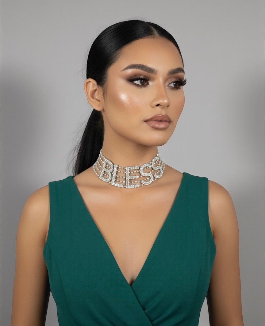 BLESS Rhinestone Statement Choker – Bold Crystal Letter Necklace - Fatisha Boutique #