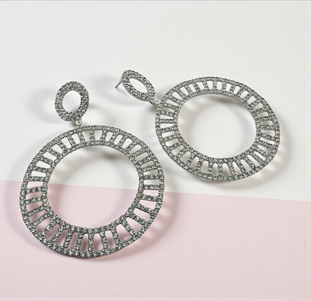 Double Circle Rhinestone Statement Earrings – Gold & Silver Drop Prom Jewellery - Fatisha Boutique #