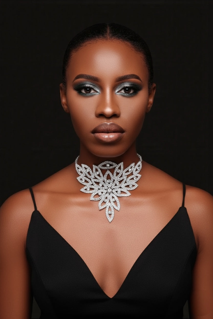 Elegant Statement Rhinestone Choker Necklace – Crystal Cutout Floral Design - Fatisha Boutique #