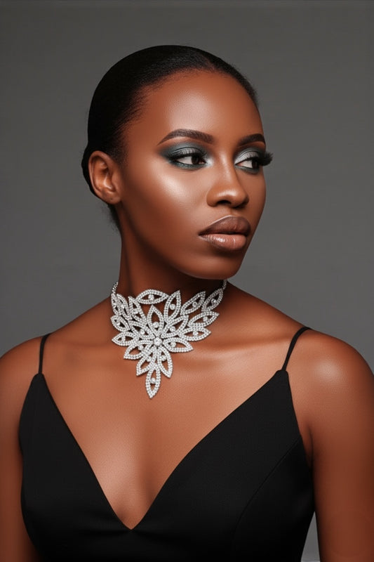 Elegant Statement Rhinestone Choker Necklace – Crystal Cutout Floral Design
