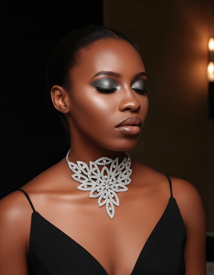 Elegant Statement Rhinestone Choker Necklace – Crystal Cutout Floral Design - Fatisha Boutique #