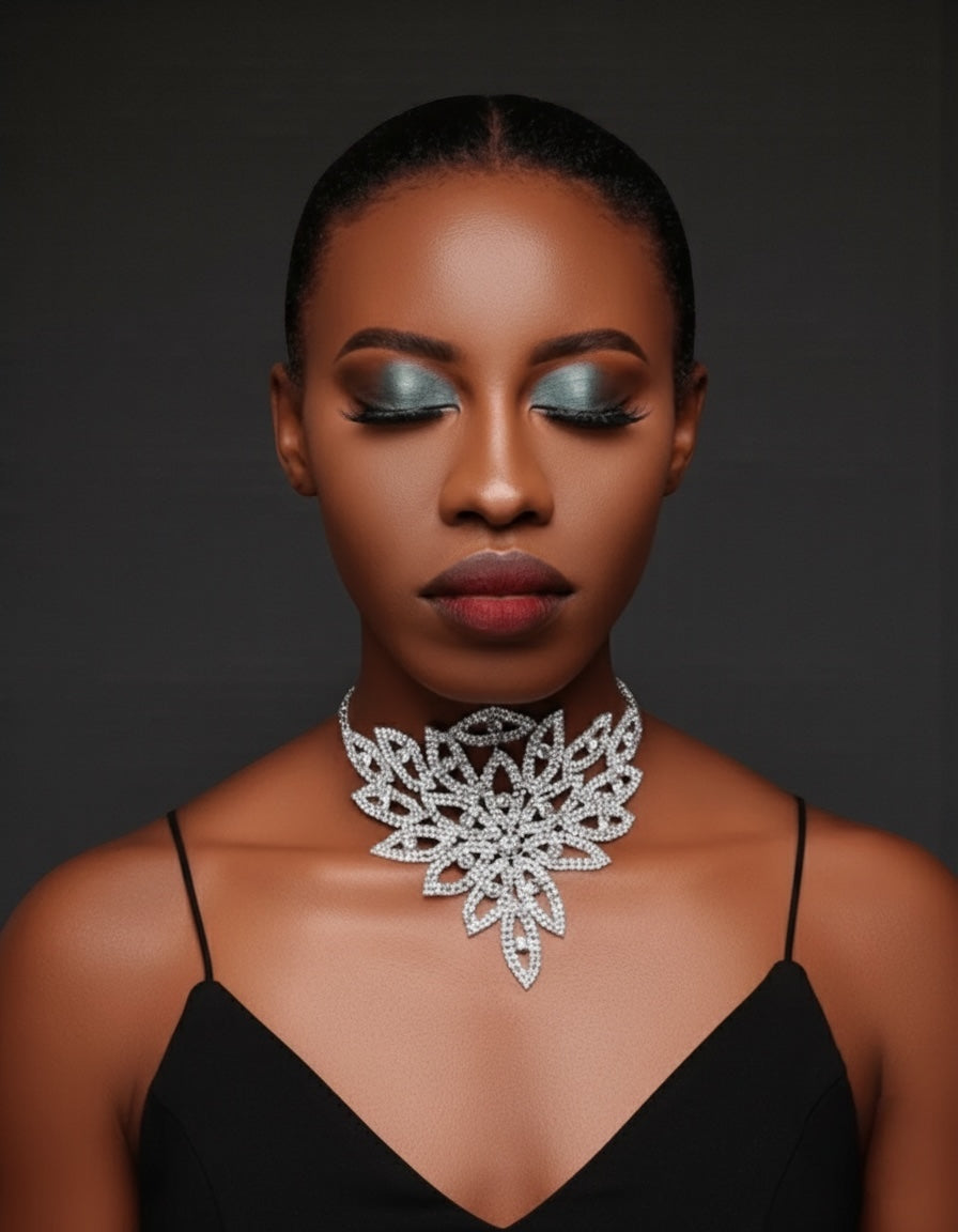 Elegant Statement Rhinestone Choker Necklace – Crystal Cutout Floral Design - Fatisha Boutique #