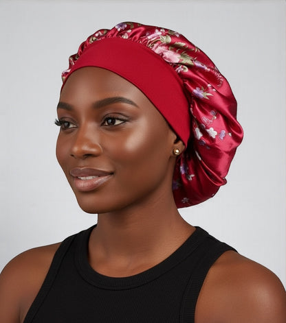 Floral Satin Silk Bonnet Cap – Lightweight Sleep Cap with Wide Elastic Band