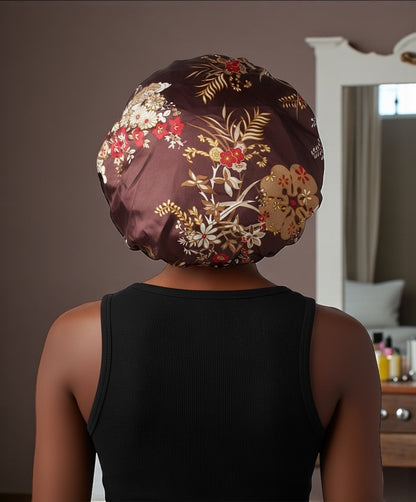 Floral Satin Silk Bonnet Cap – Lightweight Sleep Cap with Wide Elastic Band