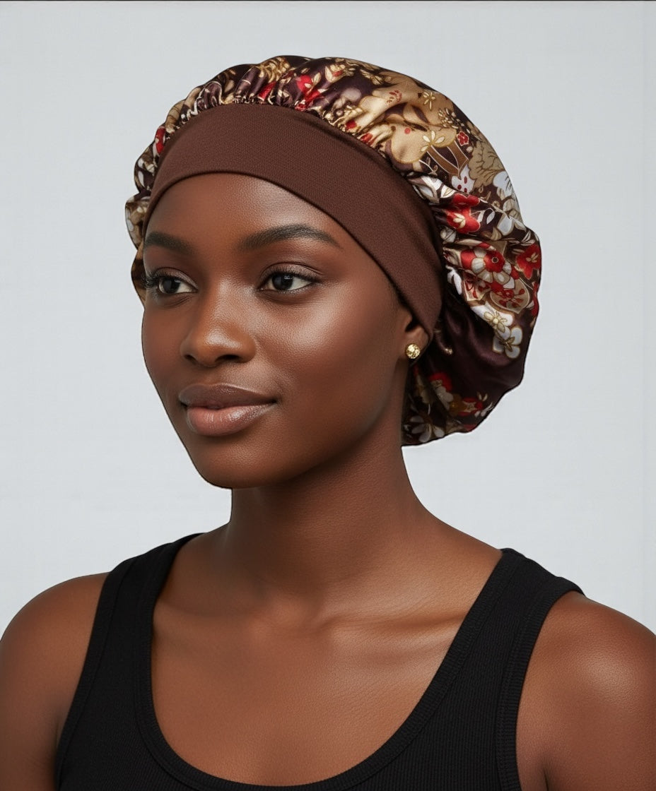 Floral Satin Silk Bonnet Cap – Lightweight Sleep Cap with Wide Elastic Band
