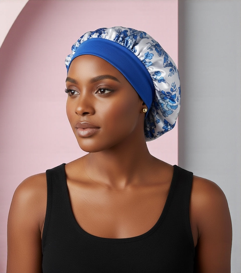 Floral Satin Silk Bonnet Cap – Lightweight Sleep Cap with Wide Elastic Band