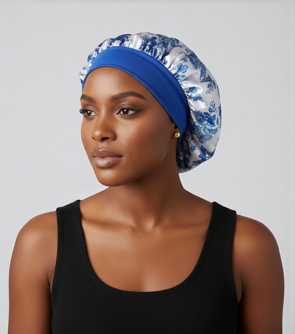 Floral Satin Silk Bonnet Cap – Lightweight Sleep Cap with Wide Elastic Band